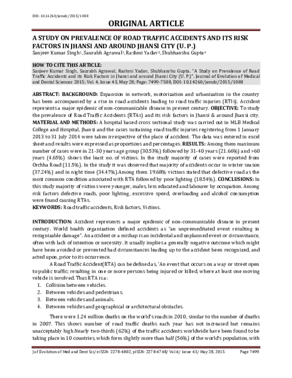 (PDF) A Study on Prevalence of Road Traffic Accidents and Its Risk ...