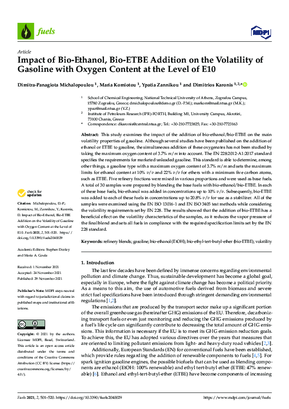 (PDF) Impact of Bio-Ethanol, Bio-ETBE Addition on the Volatility of ...