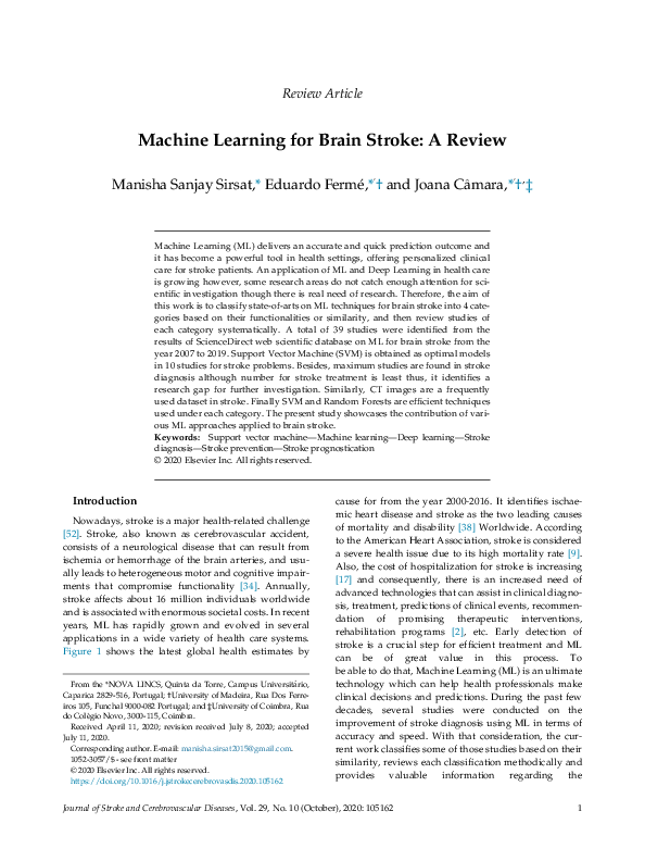 (PDF) Machine Learning for Brain Stroke: A Review