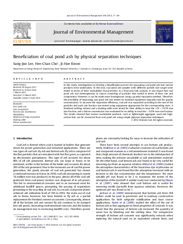 (PDF) Beneficiation of coal pond ash by physical separation techniques