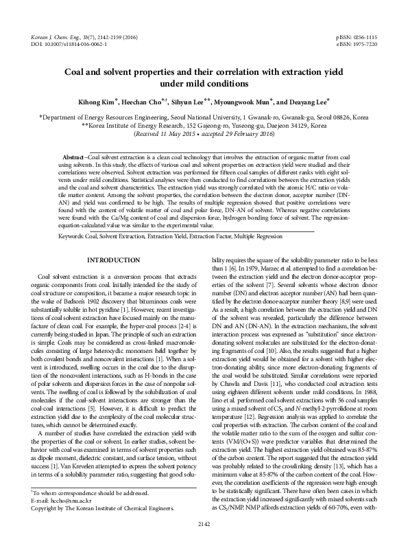 Curated visual reference: 83 Yield Under Mild Conditions Reference: Pdf Coal And Solvent Properties And Their Correlation With Extraction