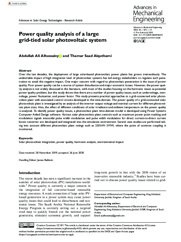 (PDF) Power quality analysis of a large grid-tied solar photovoltaic system