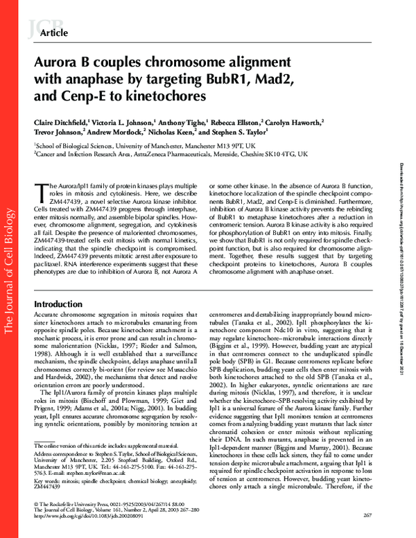 (PDF) Aurora B couples chromosome alignment with anaphase by targeting ...