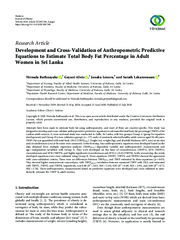 (PDF) Development and Cross-Validation of Anthropometric Predictive ...