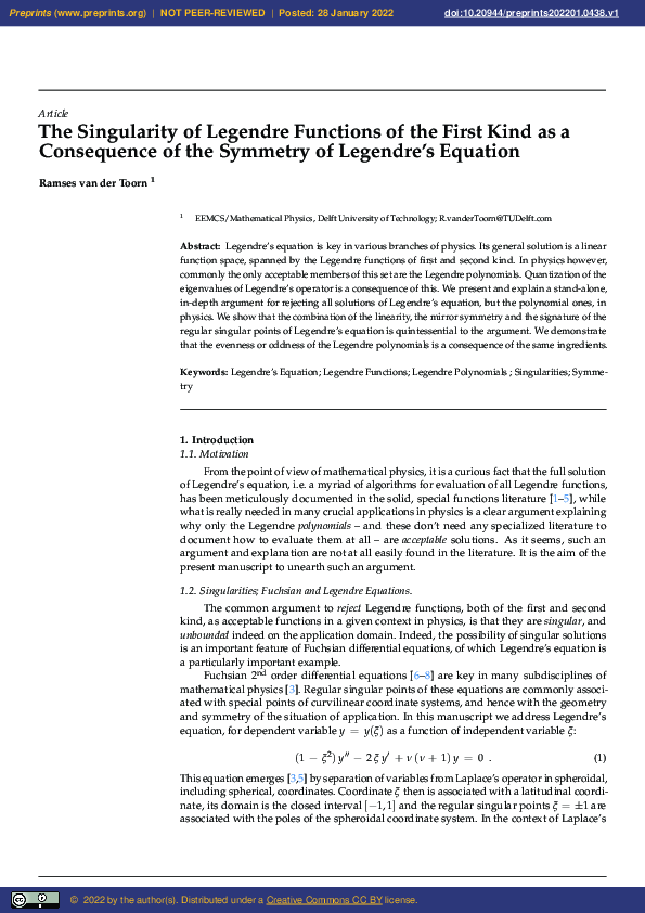 (PDF) The Singularity of Legendre Functions of the First Kind as a ...