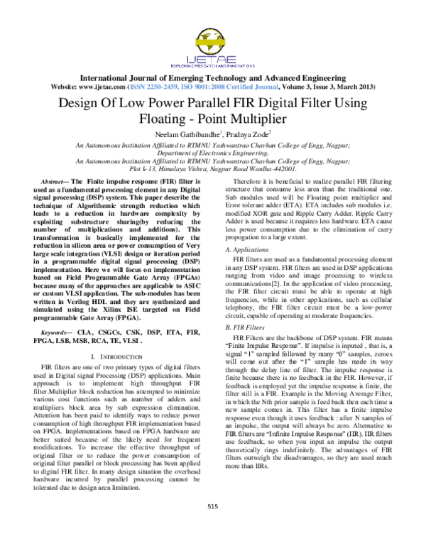 (PDF) Design Of Low Power Parallel FIR Digital Filter Using Floating ...