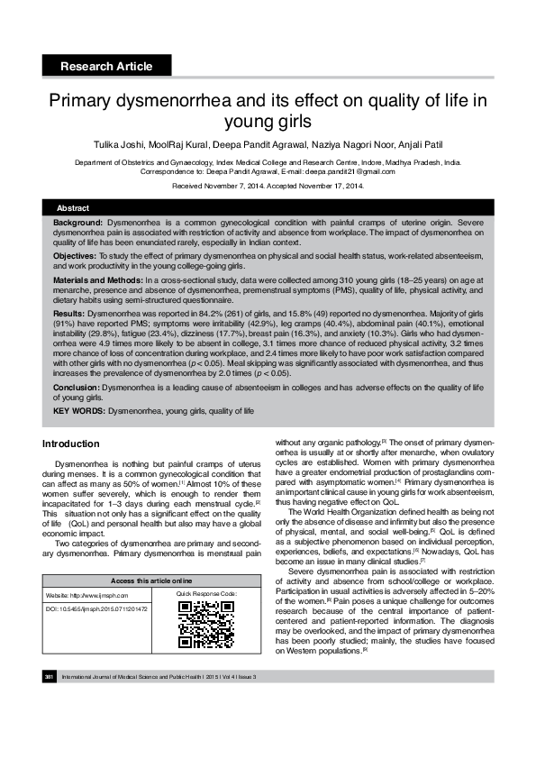 (PDF) Primary dysmenorrhea and its effect on quality of life in young girls