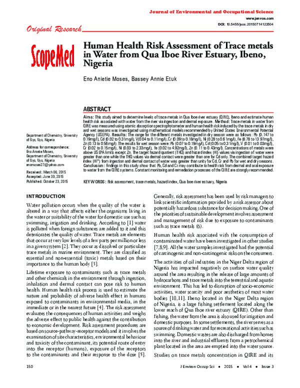 (PDF) Human Health Risk Assessment of Trace metals in Water from Qua ...