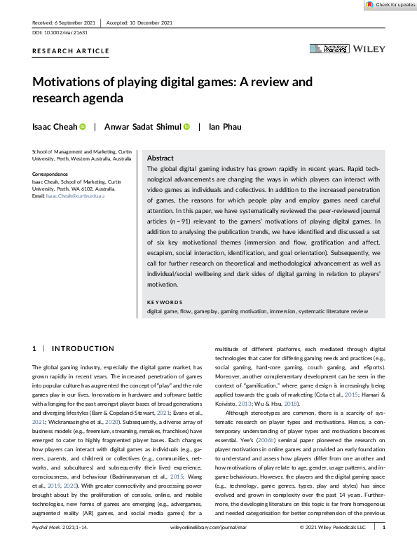 (PDF) Motivations of playing digital games A review and research