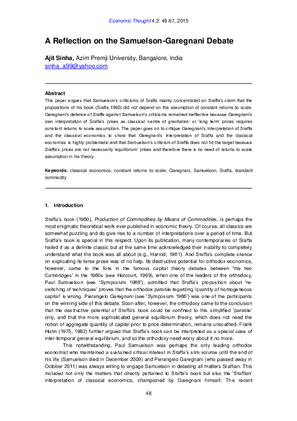 (PDF) A Reflection on the Samuelson-Garegnani Debate