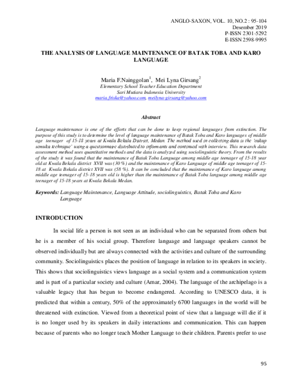 (PDF) The Analysis of Language Maintenance of Batak Toba and Karo
