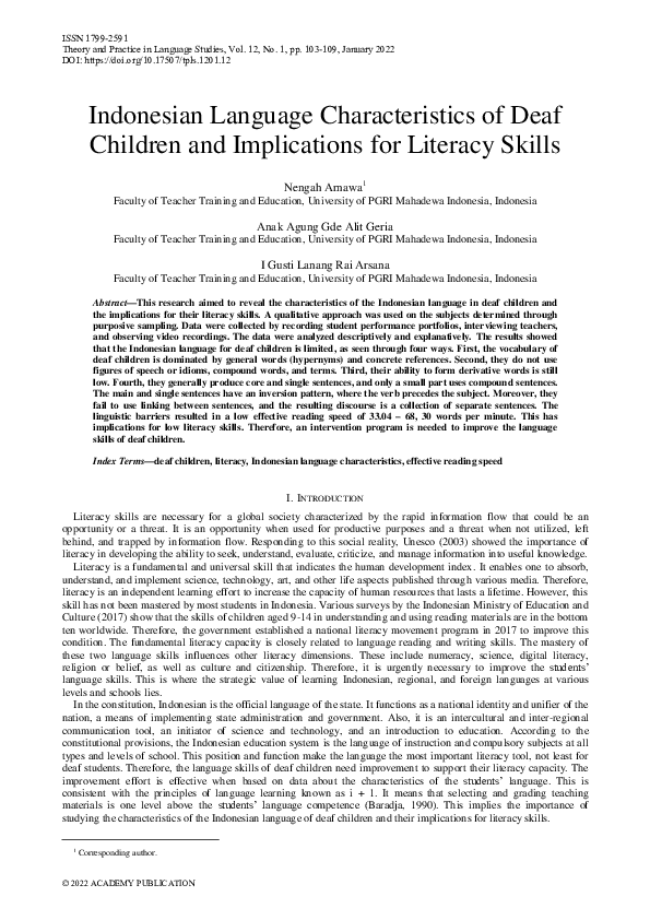 (PDF) Indonesian Language Characteristics of Deaf Children and ...
