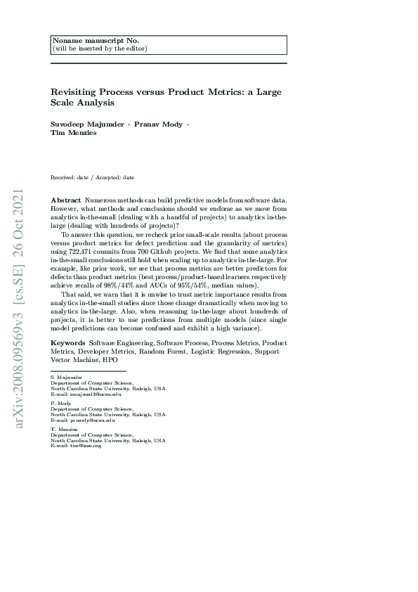 (PDF) Revisiting process versus product metrics: a large scale analysis