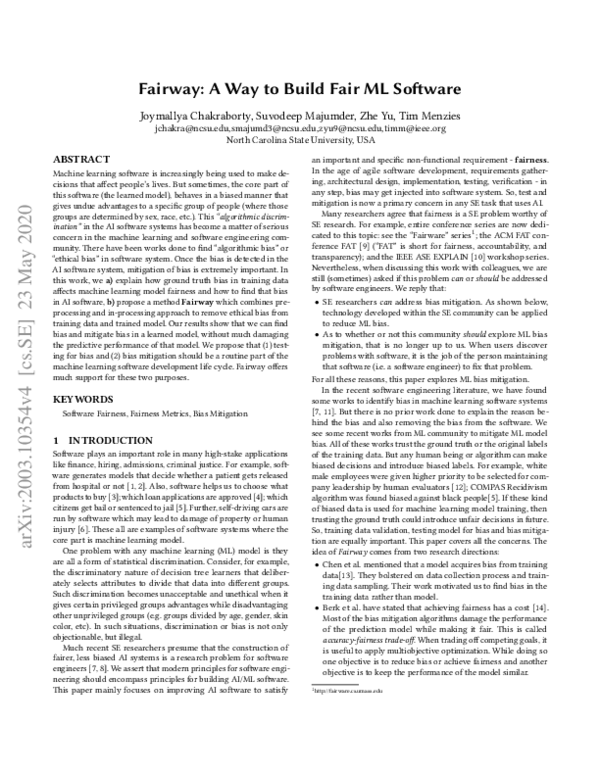 (PDF) Fairway: a way to build fair ML software