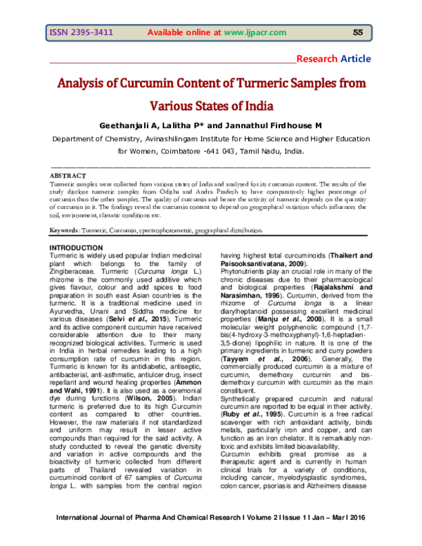 (PDF) Analysis of Curcumin Content of Turmeric Samples from Various ...