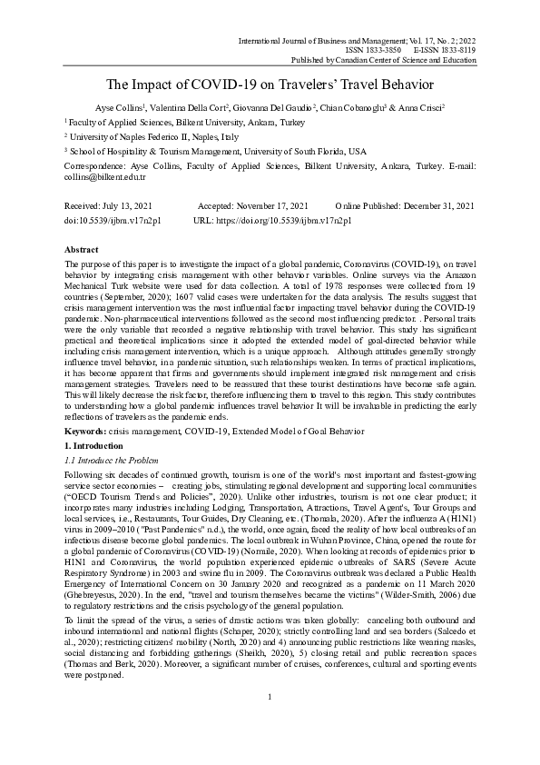(PDF) The Impact of COVID-19 on Travelers’ Travel Behavior