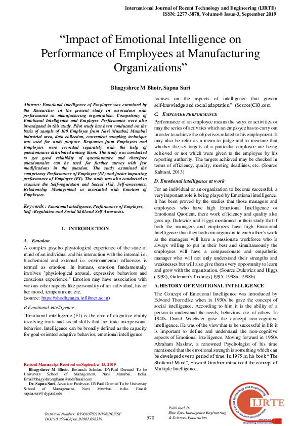 (PDF) Impact of Emotional Intelligence on Performance of Employees at ...