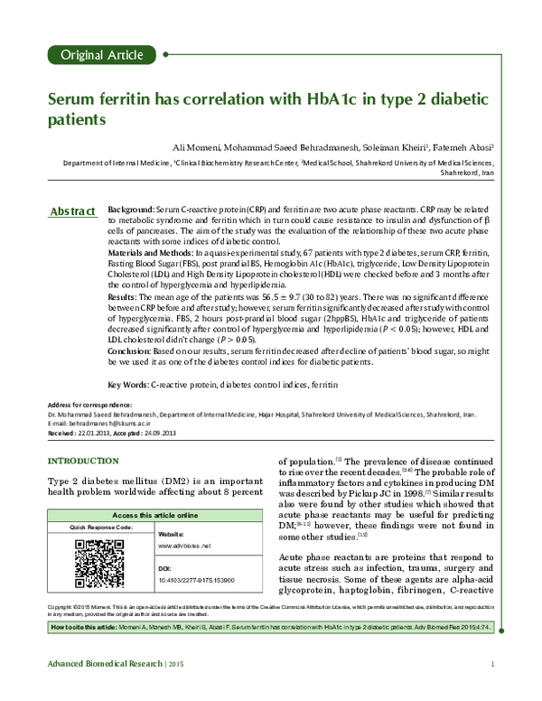 (PDF) Serum ferritin has correlation with HbA1c in type 2 diabetic patients
