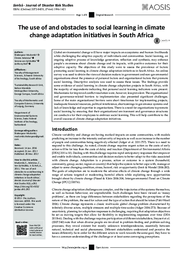 (PDF) The use of and obstacles to social learning in climate change ...