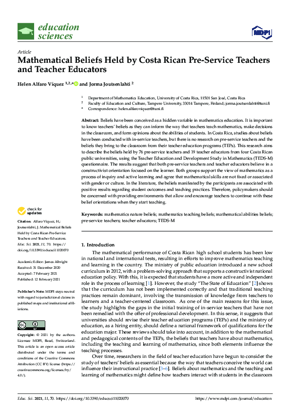 (PDF) Mathematical Beliefs Held by Costa Rican Pre-Service Teachers and ...