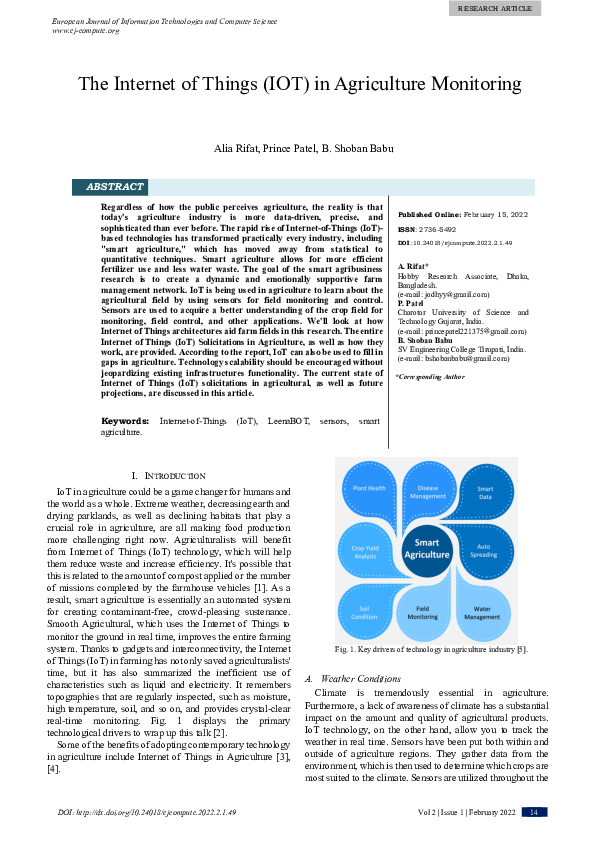 (PDF) The Internet of Things (IOT) in Smart Agriculture Monitoring