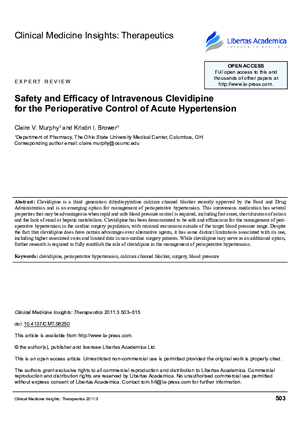 (PDF) Safety and Efficacy of Intravenous Clevidipine for the ...