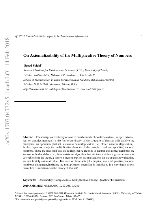 (PDF) On Axiomatizability of the Multiplicative Theory of Numbers