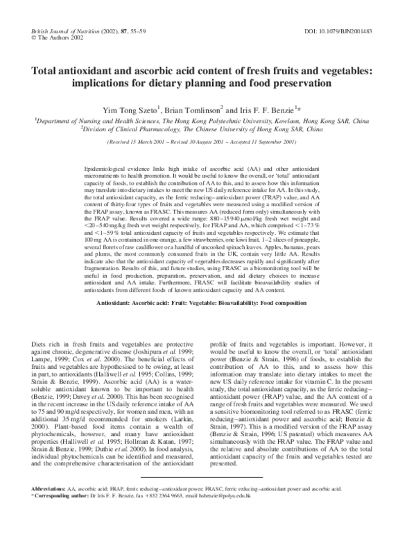 (PDF) Total antioxidant and ascorbic acid content of fresh fruits and ...