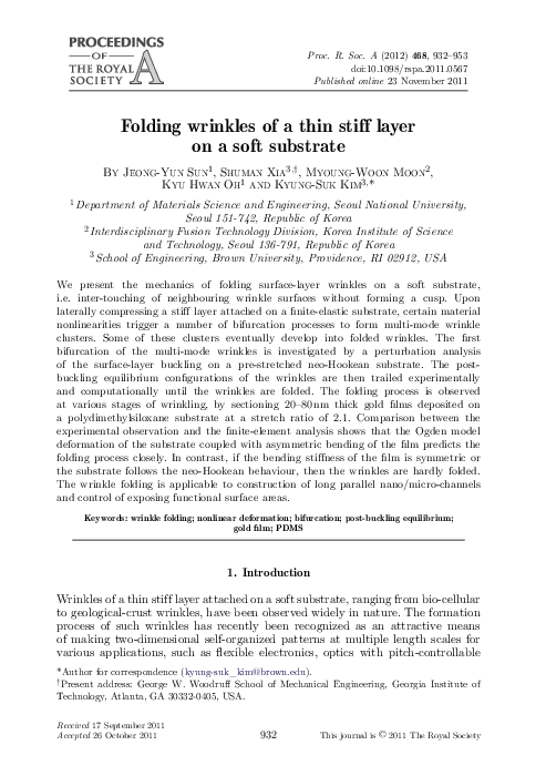 (PDF) Folding wrinkles of a thin stiff layer on a soft substrate