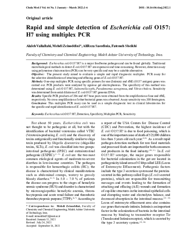 (PDF) Rapid and simple detection of Escherichia coli O157: H7 using ...