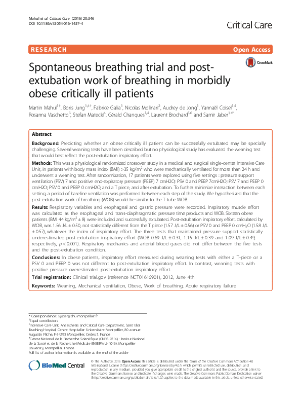 (PDF) Spontaneous breathing trial and post-extubation work of breathing ...
