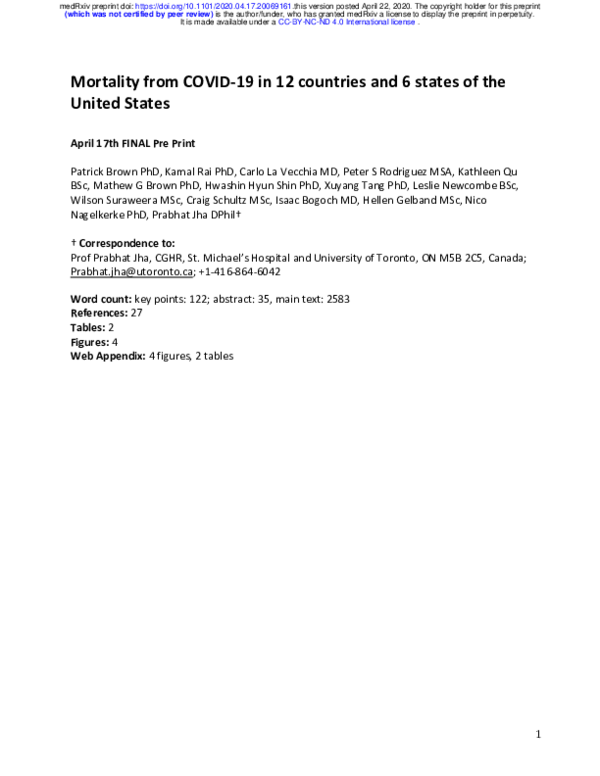 (PDF) Mortality from COVID-19 in 12 countries and 6 states of the ...