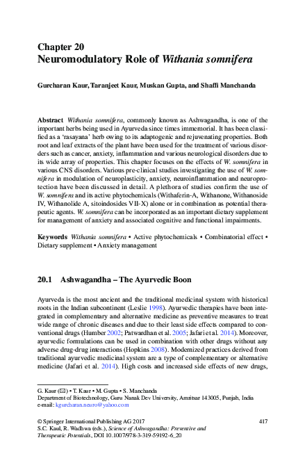 (PDF) Neuromodulatory Role of Withania somnifera