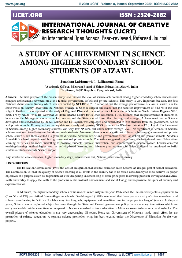 (PDF) A Study of Achievement in Science Among Higher Secondary School ...