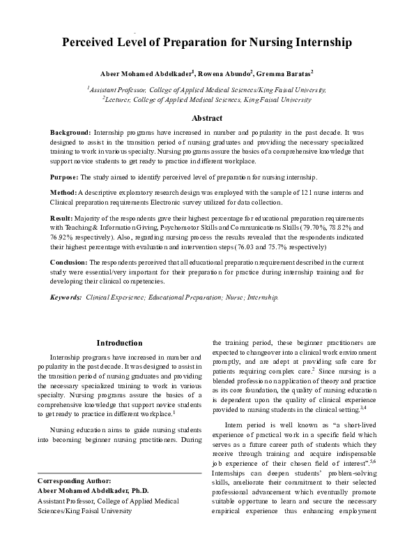 (PDF) Perceived Level of Preparation for Nursing Internship