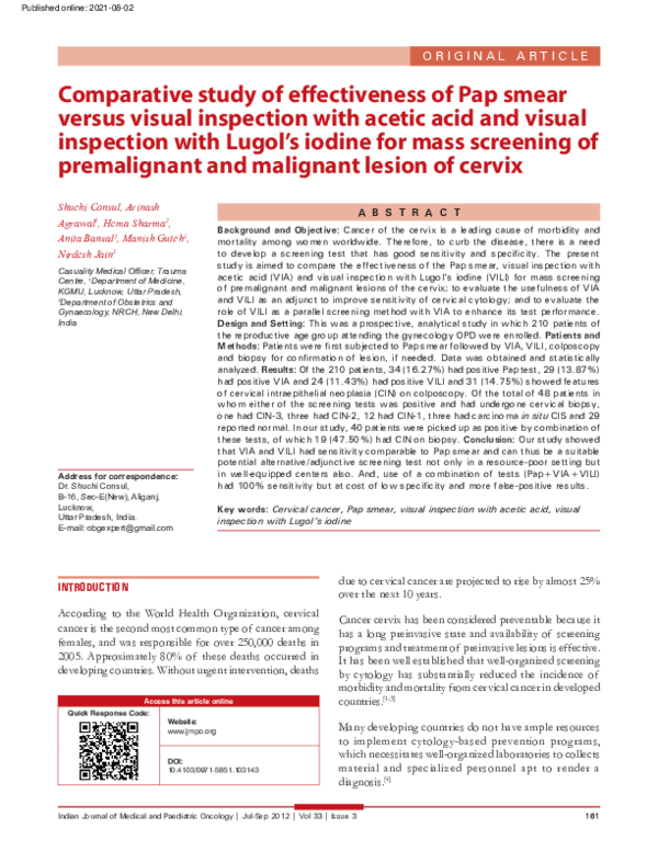 (PDF) Comparision of efficacy of visual inspection of cervix with