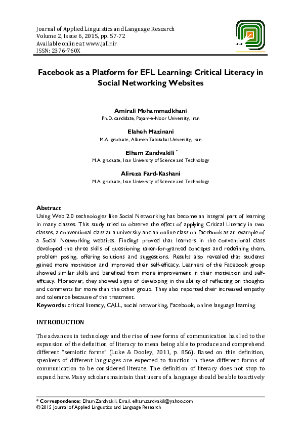 (PDF) Facebook as a Platform for EFL Learning: Critical Literacy in ...