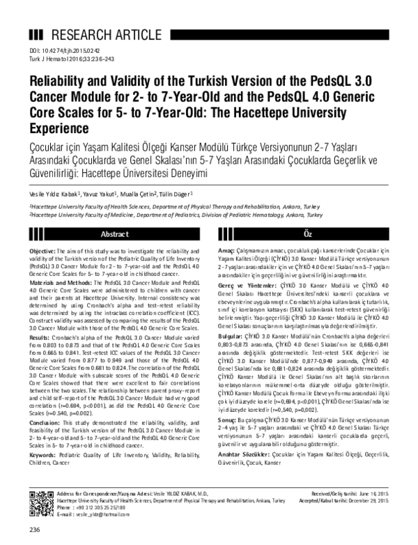(PDF) Reliability and Validity of the Turkish Version of the PedsQL 3.0 ...