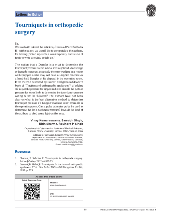 (PDF) Tourniquets in orthopedic surgery Vinay Kumaraswamy Academia.edu