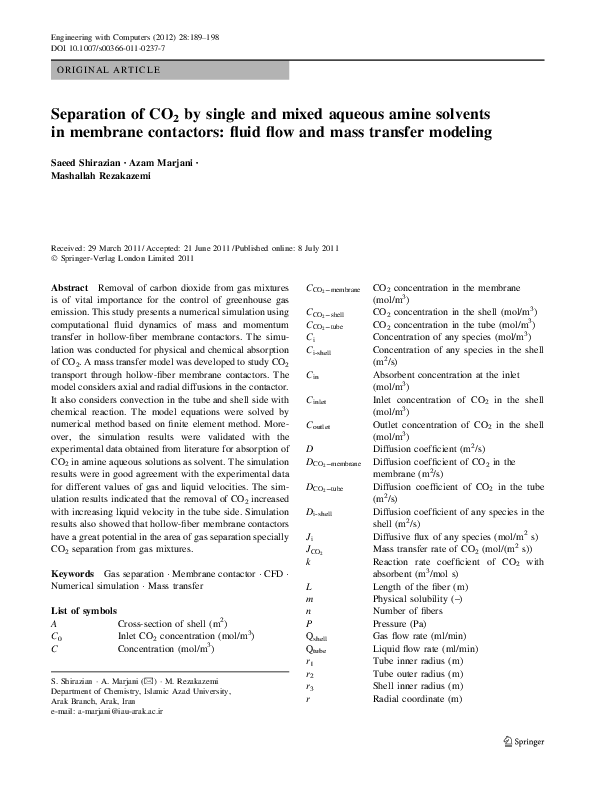 (PDF) Separation of CO2 by single and mixed aqueous amine solvents in ...