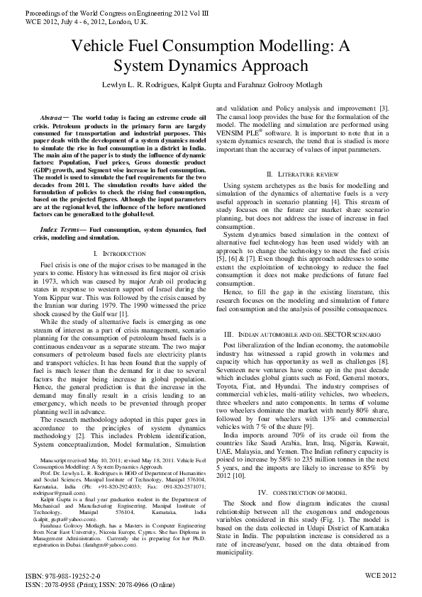 (PDF) Vehicle fuel consumption modelling: A system dynamics approach