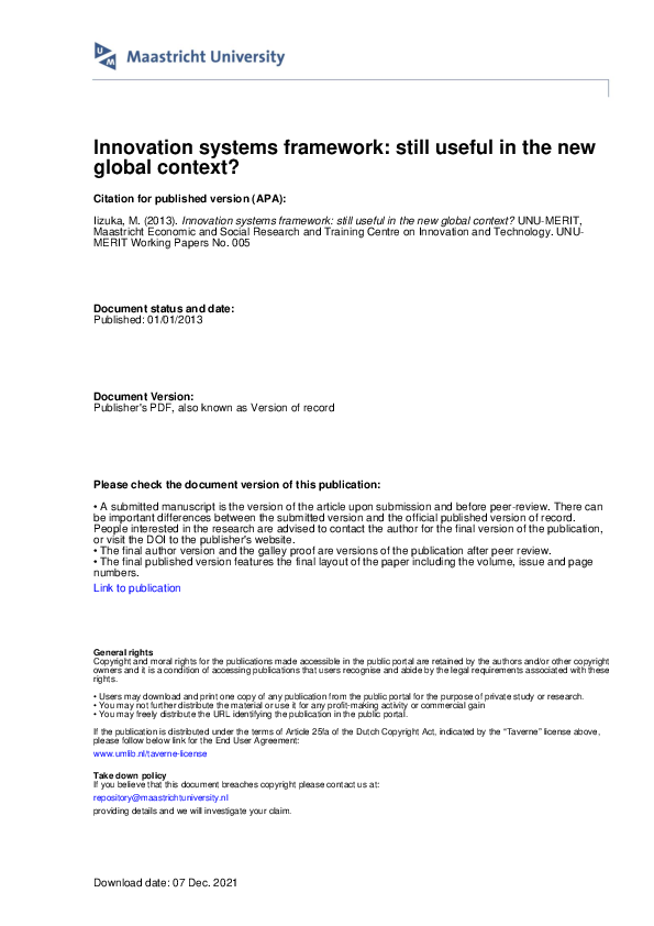 (PDF) Innovation systems framework: still useful in the new global context?