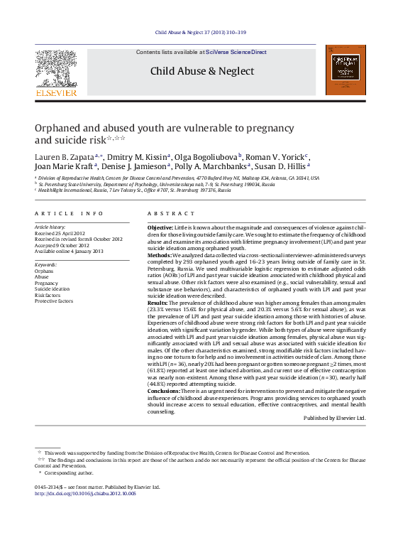 (PDF) Orphaned and abused youth are vulnerable to pregnancy and suicide ...