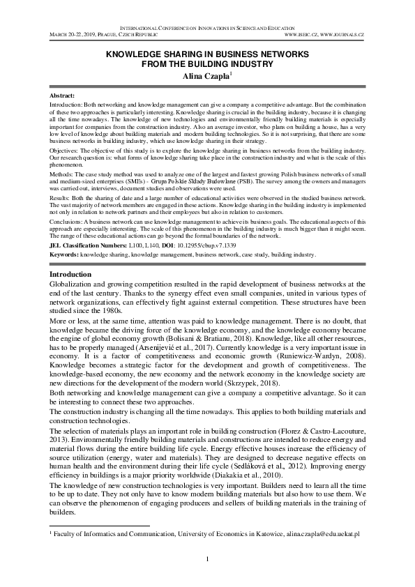(PDF) Knowledge Sharing in Business Networks from the Building Industry