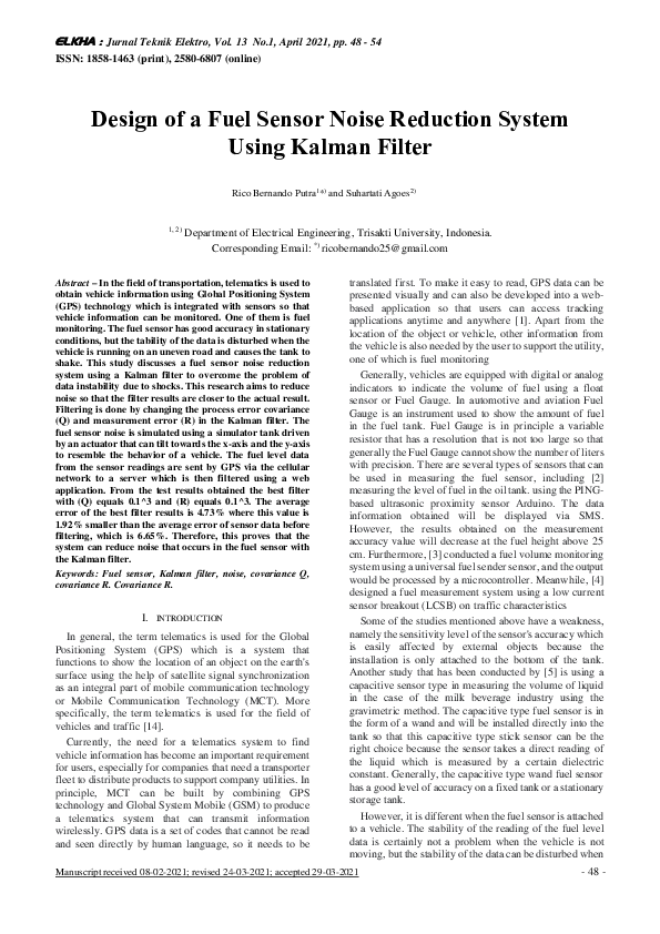 (PDF) Design of a Fuel Sensor Noise Reduction System Using Kalman Filter