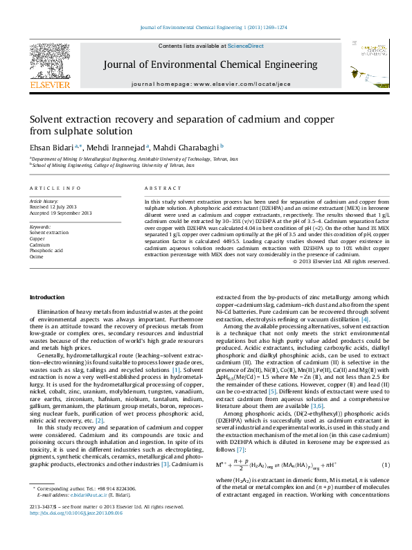 (PDF) Solvent extraction recovery and separation of cadmium and copper ...