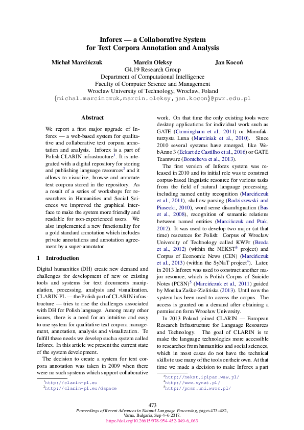 (PDF) Inforex - a collaborative system for text corpora annotation and ...