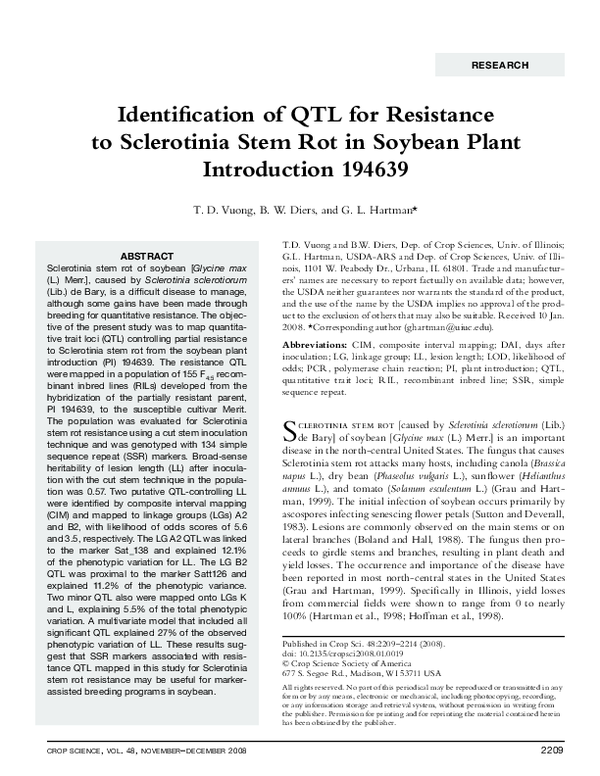 (PDF) Identification of QTL for Resistance to Sclerotinia Stem Rot in ...
