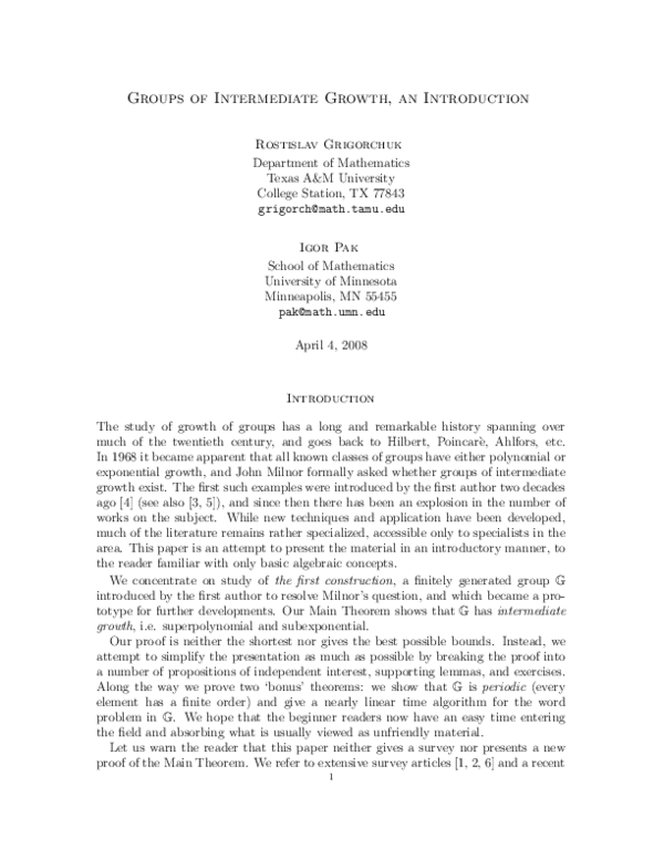 (PDF) Groups of intermediate growth : an introduction