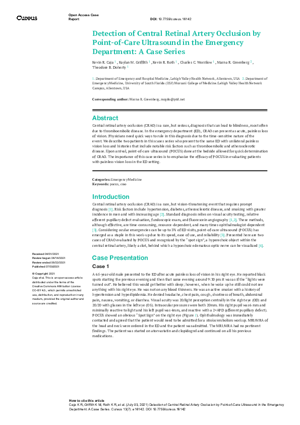 Early Identification Of Central Retinal Artery Occlusion Retinal
